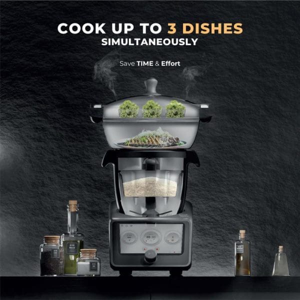 Russell Taylors iMix Smart Cooker i5 cooking robot showing three-tier cooking system with vegetables, fish, and rice cooking simultaneously, surrounded by ingredient bottles.