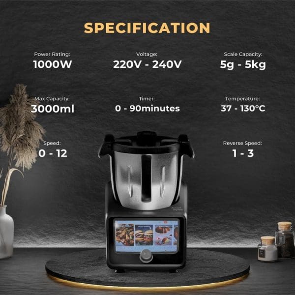 Russell Taylors iMix Smart Cooker i5 with touchscreen display showing specifications: 1000W power, 3000ml capacity, 220V-240V voltage, temperature range 37-130°C, timer 0-90 minutes.