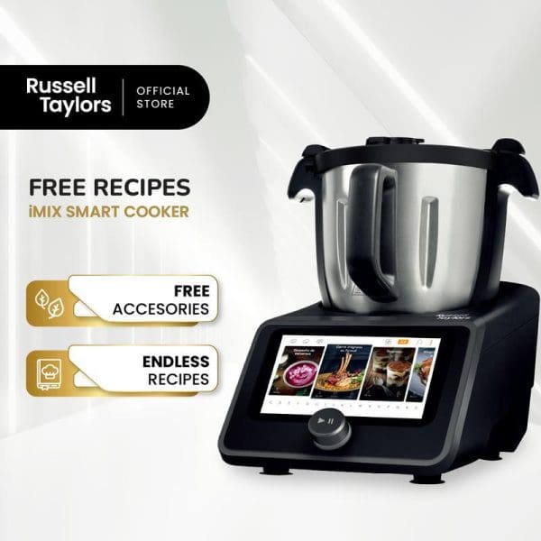 Russell Taylors iMix Smart Cooker with stainless steel bowl, digital touchscreen display showing recipe images, advertising free recipes and accessories from official store.