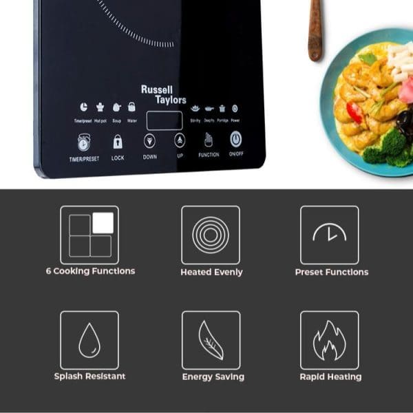 Russell Taylors Induction Cooker 2000W IC-10 with digital control panel, featuring 6 cooking functions, even heating, preset functions, splash resistant, energy saving, and rapid heating capabilities.