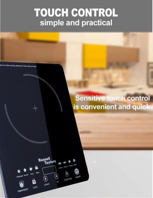 Russell Taylors Induction Cooker 2000W IC-10 with touch control panel displayed in modern kitchen setting, featuring sensitive touch controls and digital display.