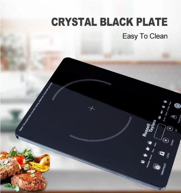 Russell Taylors Induction Cooker 2000W IC-10 with crystal black plate, digital display, control buttons, and cooked steak with vegetables in modern kitchen setting.