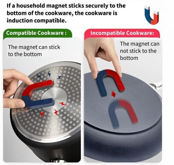 Alt tag: Induction cooker compatibility test showing magnet sticking to compatible cookware bottom versus not sticking to incompatible cookware, demonstrating ferromagnetic material requirement.