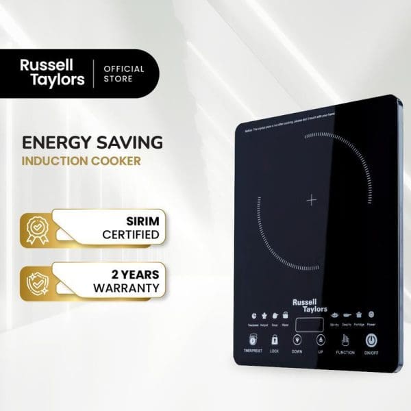 Russell Taylors 2000W IC-10 Energy Saving Induction Cooker with black touchscreen display, SIRIM certified, 2 years warranty, available at barangelektrik.my official store.