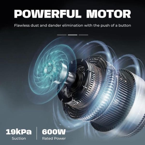 Russell Taylors V1 vacuum cleaner motor cutaway showing 19kPa suction power and 600W rated power with airflow visualization for dust elimination.