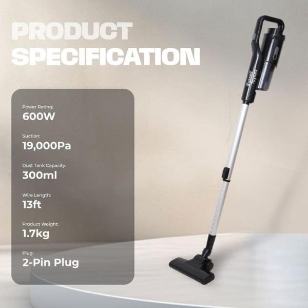 Russell Taylors Interchangeable Vacuum Cleaner V1 with product specifications showing 600W power, 19,000Pa suction, 300ml dust tank, 13ft wire length, 1.7kg weight, 2-pin plug.