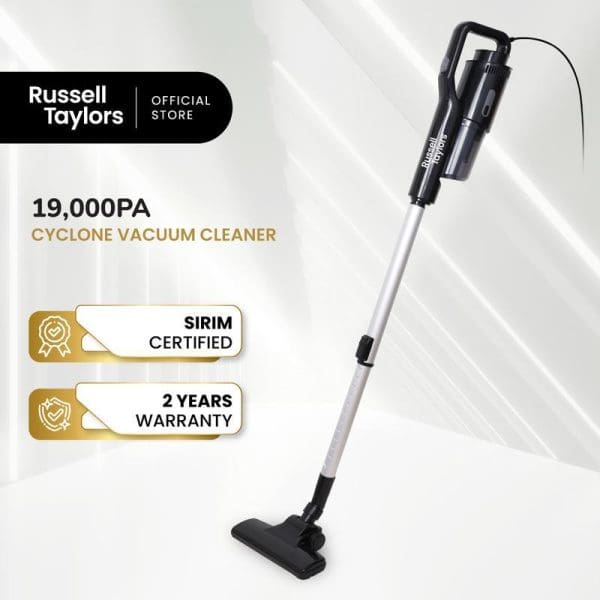 Russell Taylors 19,000PA cyclone vacuum cleaner with white pole, black handle and floor brush, featuring SIRIM certification and 2 years warranty.