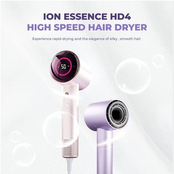 Russell Taylors Ion Essence HD4 High Speed Hair Dryer in purple and white with digital display, concentrator nozzle, and wall mount included.