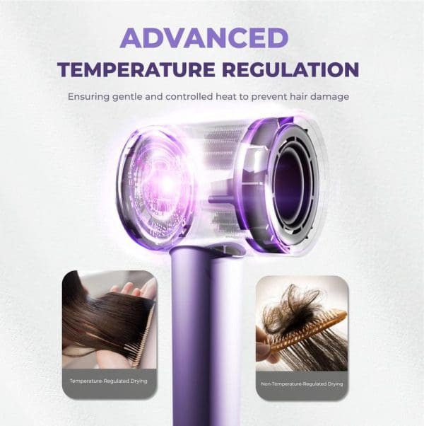 Russell Taylors Ion Essence Hair Dryer featuring advanced temperature regulation technology with purple heating element, showing comparison between temperature-regulated and non-regulated hair drying effects.