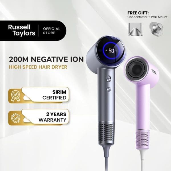 Russell Taylors 200M Negative Ion High Speed Hair Dryer in gray and pink colors with digital display, SIRIM certified, 2-year warranty, includes free concentrator and wall mount.