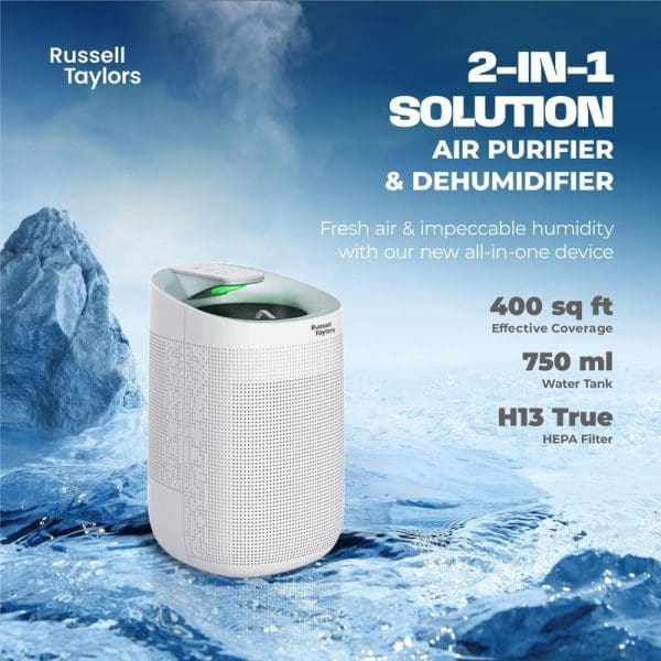 Russell Taylors white cylindrical 2-in-1 air purifier and dehumidifier with H13 HEPA filter, 400 sq ft coverage, 750ml water tank, displayed on icy blue background.