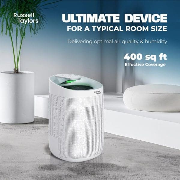 Russell Taylors white cylindrical 2-in-1 dehumidifier and air purifier with H13 HEPA filter, covering 400 sq ft, displayed in modern room setting.