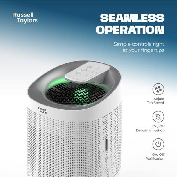 Russell Taylors Kappa+ 2-in-1 Dehumidifier & Air Purifier with H13 HEPA Filter, white cylindrical design, green LED display, featuring seamless operation with simple fingertip controls.