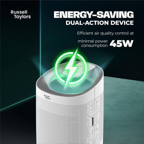 Russell Taylors white cylindrical air purifier with green energy-saving lightning bolt symbol, featuring 45W power consumption and dual-action dehumidifier capabilities on dark background.