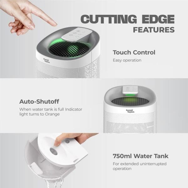 Russell Taylors Kappa+ 2-in-1 Dehumidifier & Air Purifier showing cutting edge features: touch control, auto-shutoff with indicator light, and 750ml water tank capacity.