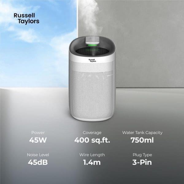Russell Taylors Kappa+ 2-in-1 Dehumidifier & Air Purifier with specifications: 45W power, 400 sq.ft coverage, 750ml water tank, 45dB noise level, 1.4m wire, 3-pin plug.