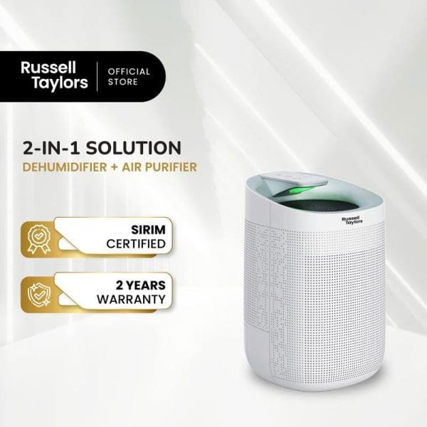 Russell Taylors white cylindrical 2-in-1 dehumidifier and air purifier with green top, featuring SIRIM certification and 2-year warranty badges on promotional background.