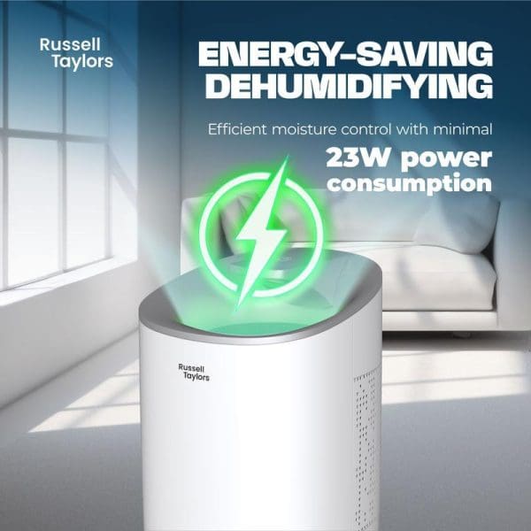 Russell Taylors Kappa portable dehumidifier in white modern living room with green energy-saving symbol, featuring 23W power consumption and 600ml water tank capacity.