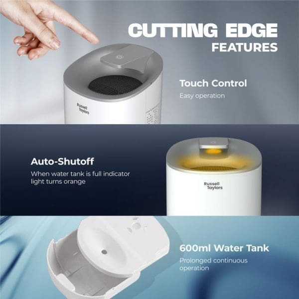 Russell Taylors Kappa Dehumidifier showcasing cutting edge features: touch control operation, auto-shutoff with orange indicator light, and 600ml water tank for continuous operation.