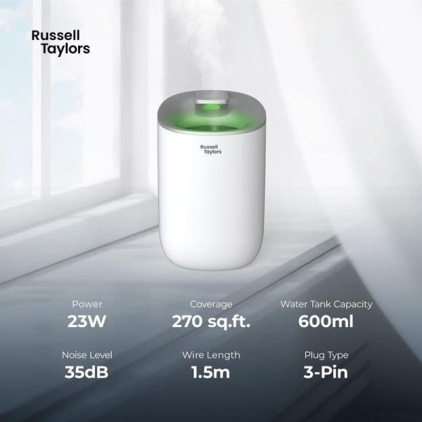 Russell Taylors Kappa Dehumidifier with 23W power, 270 sq.ft coverage, 600ml water tank capacity, 35dB noise level, 1.5m wire length, 3-pin plug.