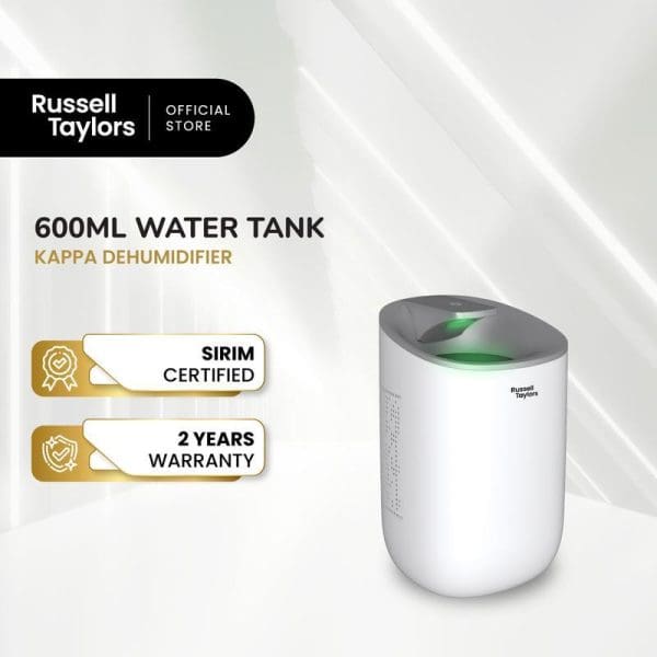 Russell Taylors Kappa Dehumidifier with 600ml water tank, SIRIM certified, 2 years warranty, white cylindrical design with green LED indicator light.