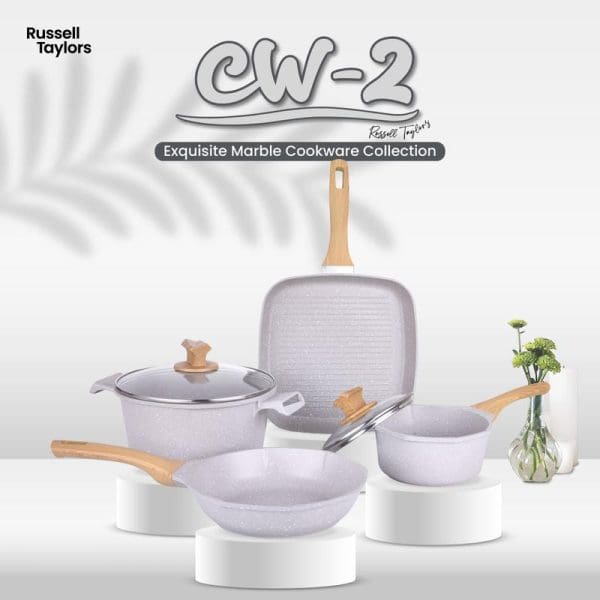 Russell Taylors CW-2 Exquisite Marble Cookware Collection featuring gray marble-coated non-stick frying pan, sauce pan, grill pan, and casserole with wooden handles displayed elegantly.