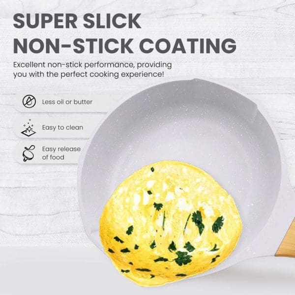 Russell Taylors marble non-stick pan with cooked herb omelet, highlighting super slick coating benefits: less oil needed, easy cleaning, and effortless food release.