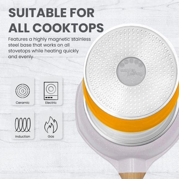 Russell Taylors 8-piece marble non-stick cookware set showing bottom of pan with magnetic stainless steel base, compatible with ceramic, electric, induction and gas cooktops.