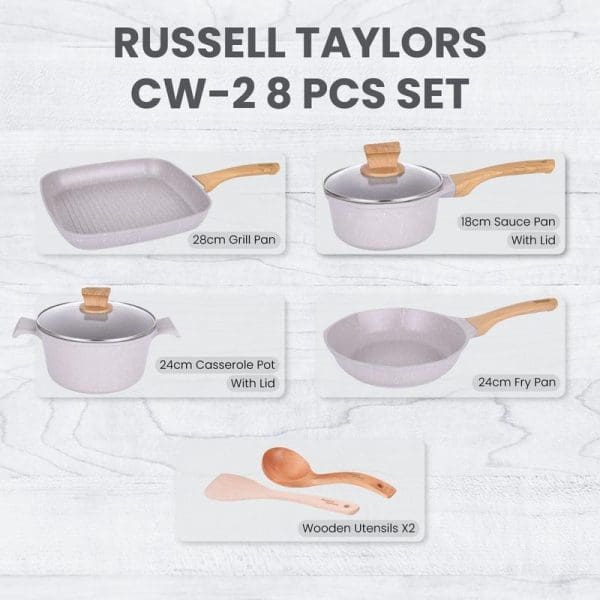 Russell Taylors CW-2 8-piece marble non-stick cookware set featuring purple pans, pots with glass lids, wooden handles, and wooden utensils on marble background.