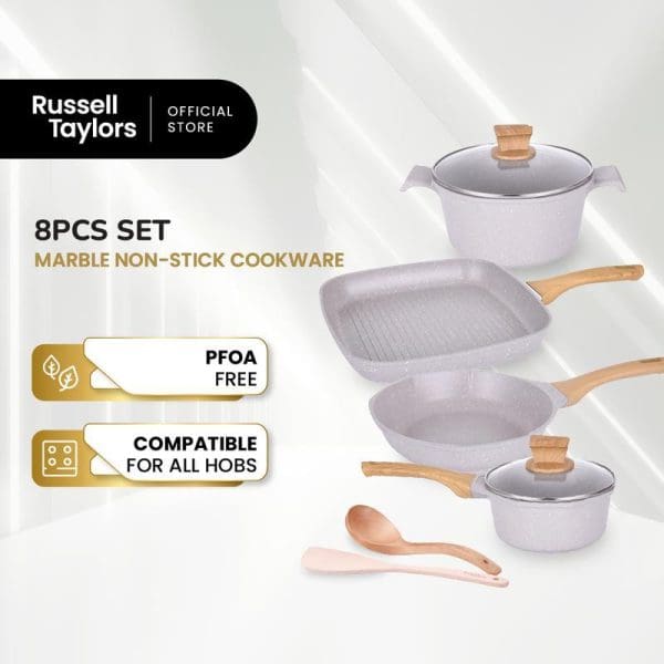 Russell Taylors 8-piece marble non-stick cookware set including fry pan, sauce pan, grill pan, casserole with glass lids and wooden utensils, PFOA-free and hob-compatible.
