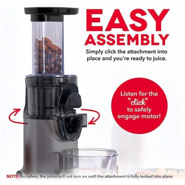 Russell Taylors SJ1 masticating cold press slow juicer with clear hopper filled with nuts, showing easy assembly features and click-to-engage motor safety mechanism.