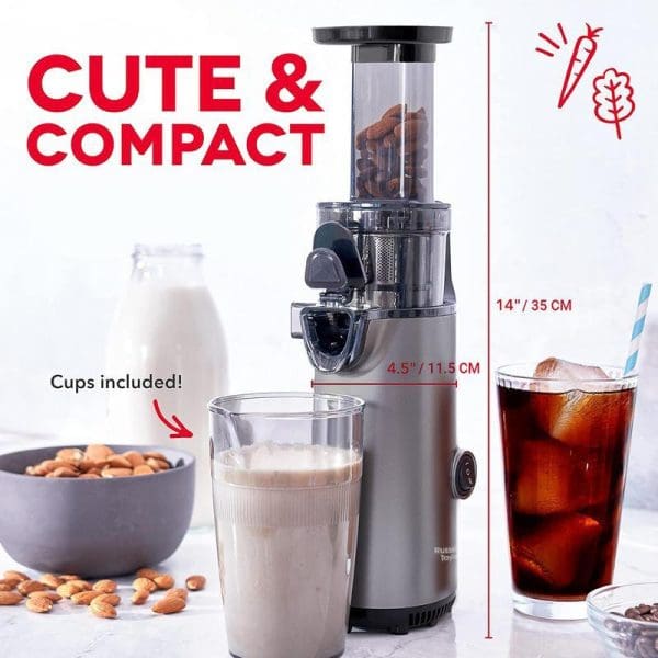 Russell Taylors SJ1 compact slow juicer with stainless steel design, clear juice cup, almonds, and iced drink showing 14"/35cm height and 4.5"/11.5cm width dimensions.