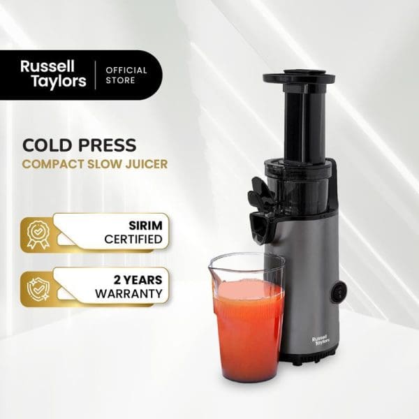 Russell Taylors Cold Press Compact Slow Juicer SJ1 in black with glass of red juice, featuring SIRIM certification and 2-year warranty badges.