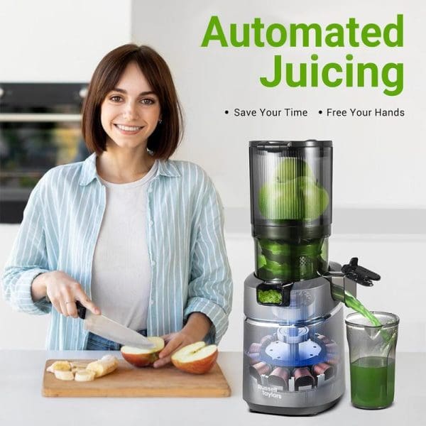 Russell Taylors SJ3 Cold Press Slow Juicer with wide feeding tube, automated juicing technology, woman preparing fruits in modern kitchen, green juice being extracted.