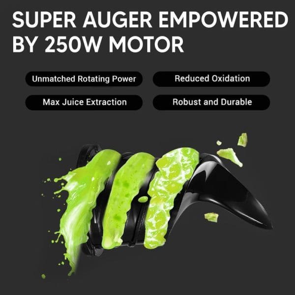 Russell Taylors SJ3 Cold Press Slow Juicer featuring 250W motor with spiraling auger extracting green juice, highlighting unmatched rotating power and maximum juice extraction capabilities.