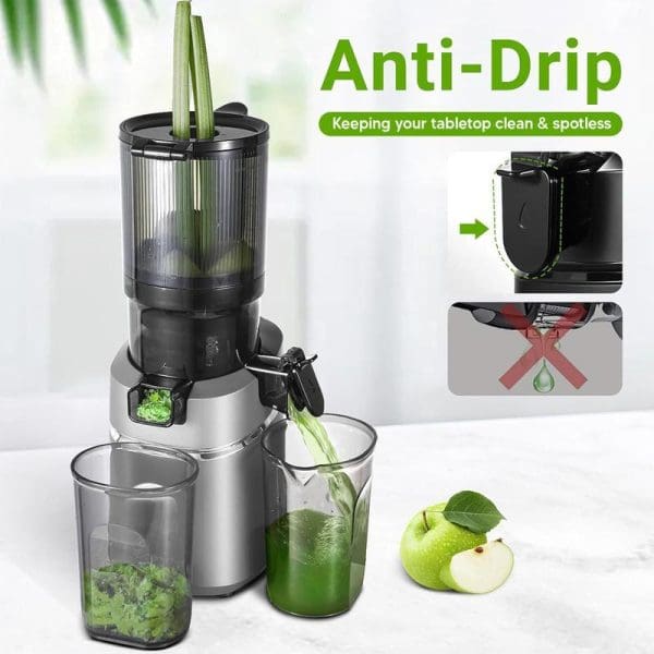 Russell Taylors SJ3 slow juicer with anti-drip feature, wide feeding tube, extracting green juice from leafy vegetables into glass containers on white background.