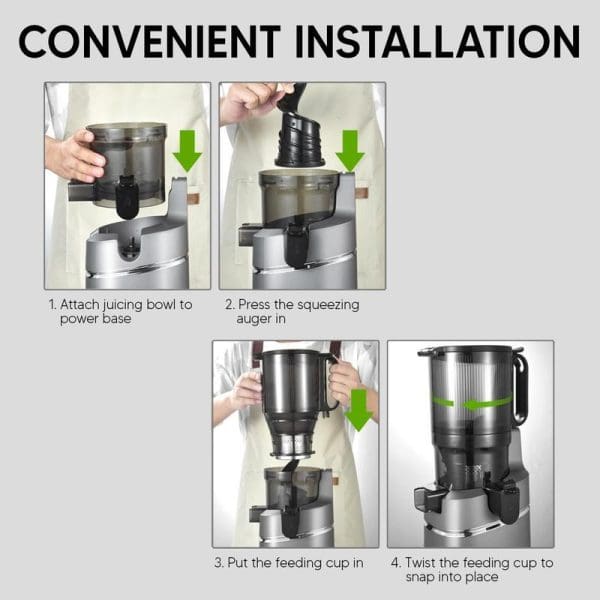 Step-by-step installation guide showing four stages of assembling Russell Taylors Masticating Cold Press Slow Juicer: attaching bowl, inserting auger, placing feeding cup, and final assembly.