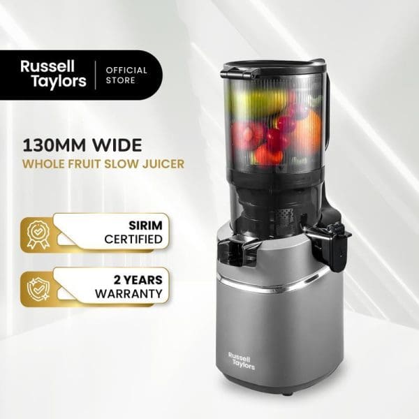 Russell Taylors 130mm wide whole fruit slow juicer with transparent chamber showing colorful fruits, SIRIM certified with 2 years warranty, official store product.