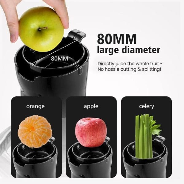 Russell Taylors Masticating Cold Press Slow Juicer SJ2 with 80mm wide feeding tube, showing whole fruits like apple, orange, and celery fitting directly into the juicer opening.