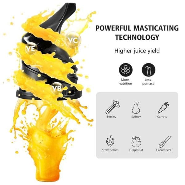 Russell Taylors Masticating Cold Press Slow Juicer SJ2 with powerful masticating technology, higher juice yield, showing orange juice extraction and compatible fruits/vegetables icons.