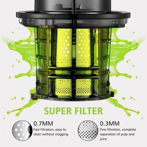 Russell Taylors Masticating Cold Press Slow Juicer SJ2 with dual-layer super filter system featuring 0.7mm and 0.3mm filtration screens for optimal juice extraction.