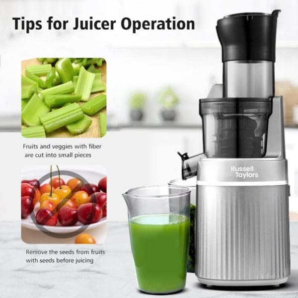 Russell Taylors SJ2 slow juicer with wide feeding tube displaying juicing tips: cut fibrous vegetables small and remove fruit seeds before juicing.