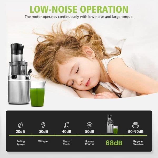 Russell Taylors SJ2 slow juicer showcasing low-noise operation at 68dB, featuring sleeping woman and green juice with decibel comparison chart showing quieter operation than regular blenders.