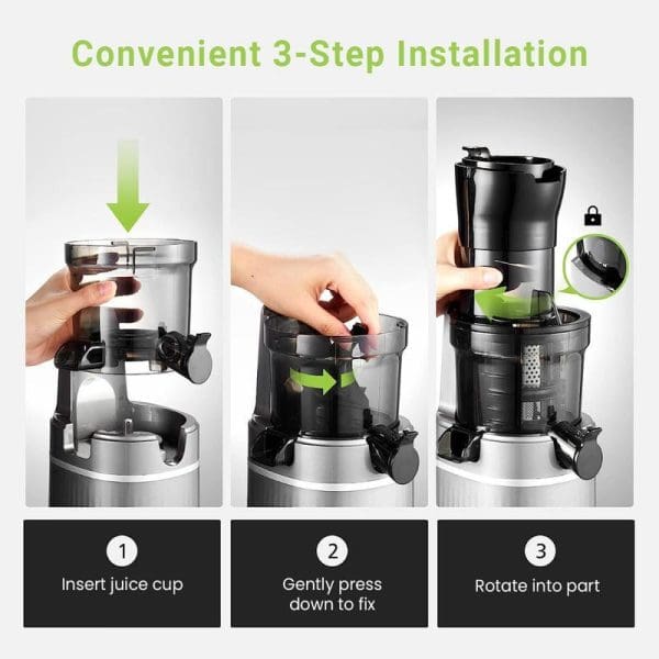 Russell Taylors SJ2 Masticating Cold Press Slow Juicer showing convenient 3-step installation process: insert juice cup, gently press down to fix, rotate into part.