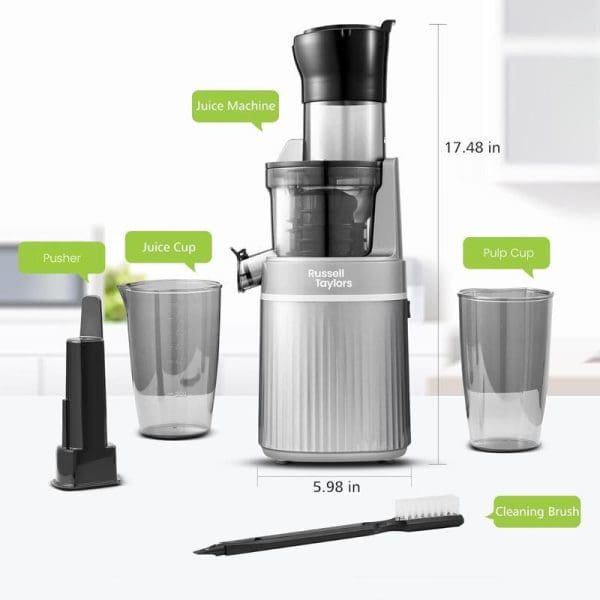 Russell Taylors SJ2 Cold Press Slow Juicer with components labeled: juice machine, pusher, juice cup, pulp cup, and cleaning brush. Dimensions shown: 17.48" height, 5.98" width.