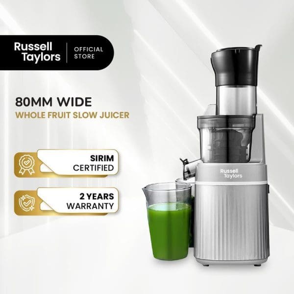 Russell Taylors 80mm wide whole fruit slow juicer with SIRIM certification and 2-year warranty, showing stainless steel design with green juice glass.