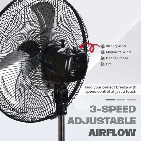 Russell Taylors 18-inch black metal blade stand fan with 3-speed adjustable airflow control featuring strong wind, moderate wind, gentle breeze, and off settings.