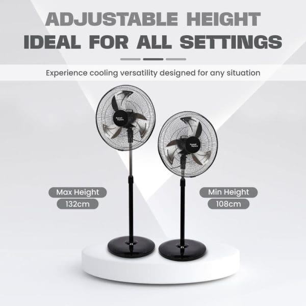 Russell Taylors SF6 18-inch metal blade stand fans showing adjustable height feature from 108cm minimum to 132cm maximum on white platform.