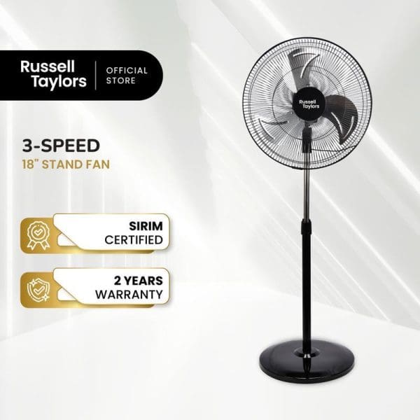 Russell Taylors 18-inch 3-speed metal blade stand fan with black base, SIRIM certified, 2 years warranty, official store product image on white background.