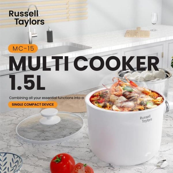 Russell Taylors MC-15 Multi Cooker 1.5L white electric cooking pot with glass lid, showing seafood soup inside, on marble kitchen counter.